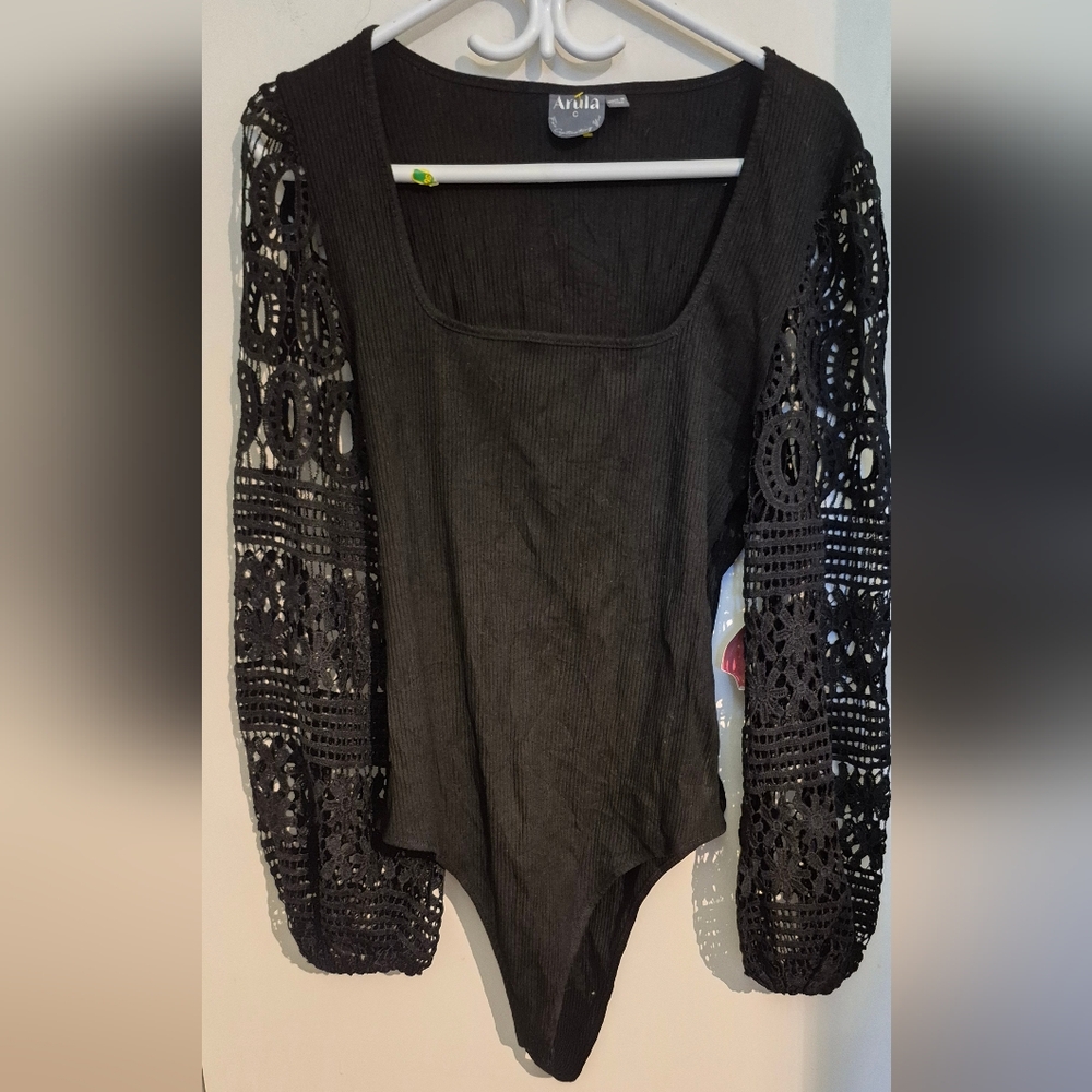Arula Black Lace Sleeve Bodysuit Sz.3X NWT "Haily Crochet Bodysuit"